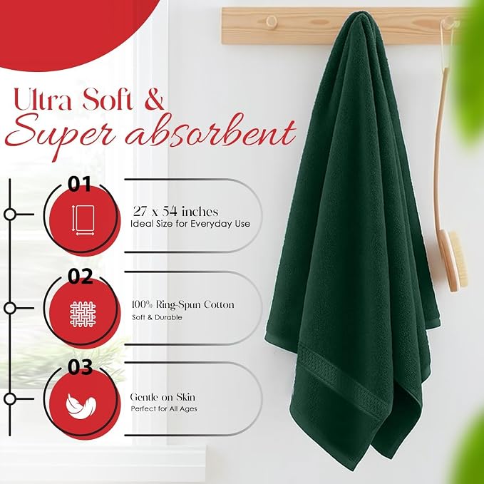 RIVERSIDE 100% Ring Spun Cotton Large Christmas Bath Towels Set of 4, 27 x 54 Inches - Soft & Highly Absorbent Towels for Shower & Bathroom - Luxury 600 GSM Towels for Home, Red & Hunter Green