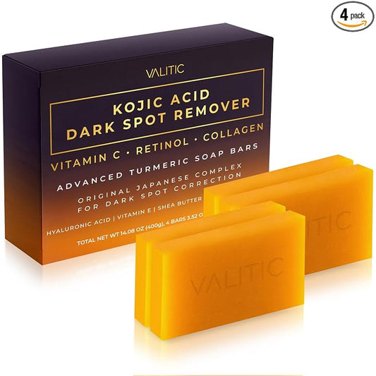 VALITIC Kojic Acid Dark Spot Remover Soap Bars with Vitamin C, Retinol, Collagen, Turmeric - Original Japanese Complex Infused Hyaluronic Acid, E, Shea Butter, Castile Olive Oil (4 Pack)