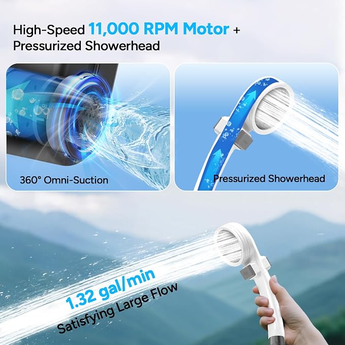 DR.PREPARE Portable Shower, Dual Camping Shower Pumps, 2×5000mAh, 11,000 RPM Motor, 1.32gal/min Flow, Pressurized Nozzle, 60min Runtime, 5gal Bucket, Portable Shower for Camping, Hiking, Pets, Beach