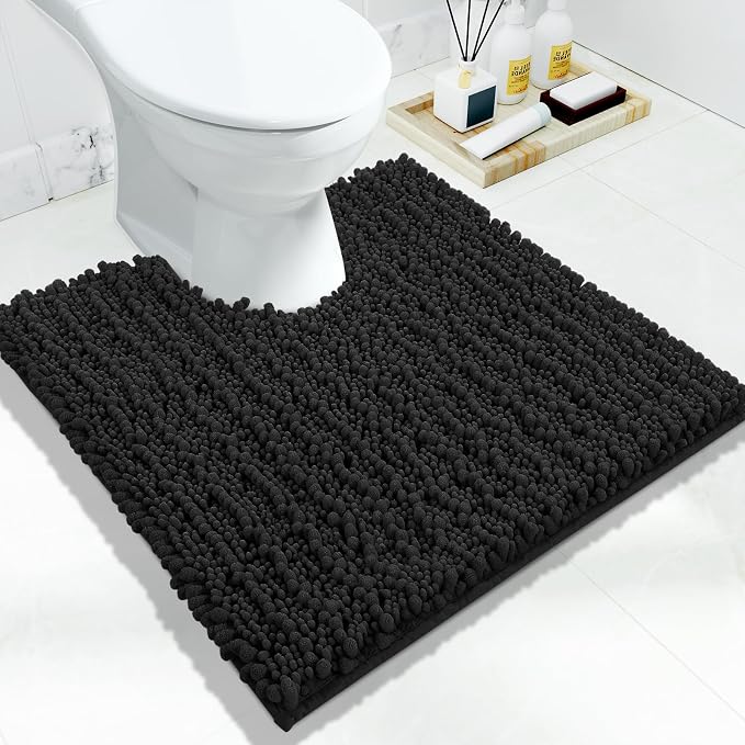 Yimobra Toilet Rug U Shaped Washable 24x24 Inch - Ultra Soft Absorbent Chenille Bath Rugs for Toilet, Quick Dry & Machine Washable, Non Slip Contour Bathroom Mat, Black