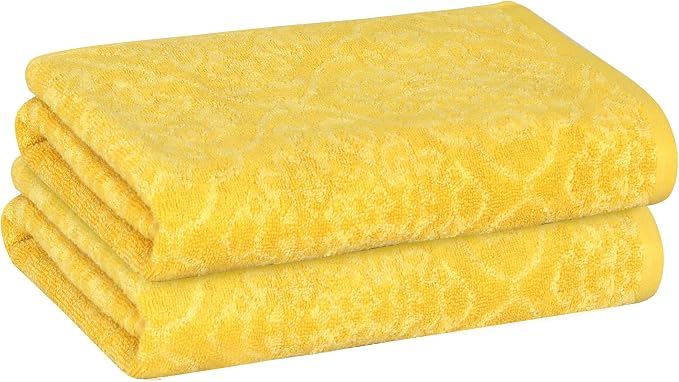 2 Pack Damask Hand Towel, Bath Towel, and Bath Sheet Towel, 100% Cotton Yarn Dyed, Lux Drying Experience, Great for Hands and Body, Perfect for Spa & Home Use (Yellow, Hand Towel)