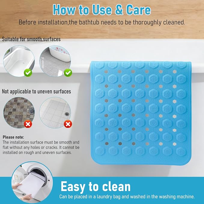 Silicone Anti Slip Bathtub Mat Bath Shower Non-Slip 35x16 for Standard Tub Kids for Elderly Safety Large Thick with Sensory Acupressure Textured Strong Suction Cups & Drain Holes Easy Clean & Dry