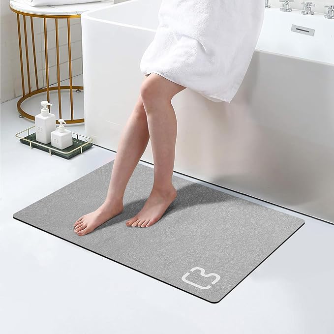 RUERYA Diatomaceous Earth Bath Mat Rug Super Absorbent Diatomite Stone Bath Mat Non Slip Quick Dry Thin Bathroom Mat Fit Under Door, Floor Rugs in Front of Bathtub,Shower Room,Sink,17"x27.5", Grey
