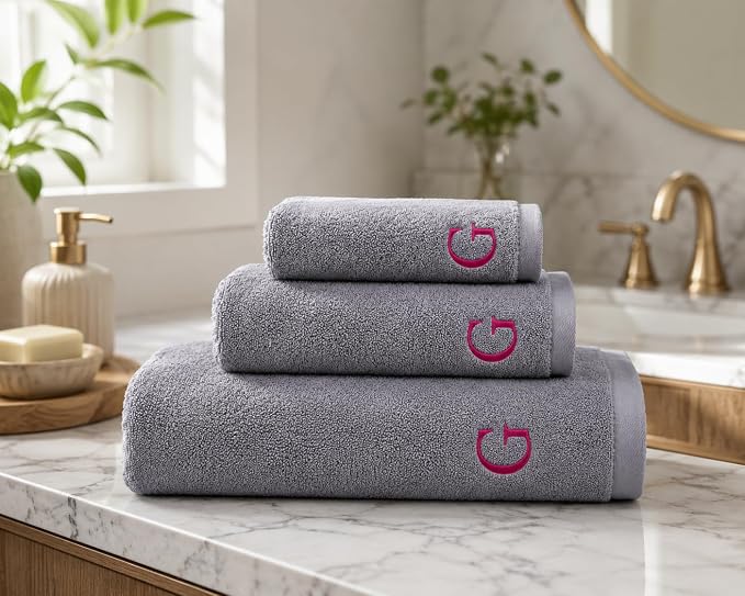 Personalized Towels - Customized Turkish Bath Towel 3 pcs Set - Cotton Towel Set -Monogrammed Towels with Initials Name Embroidery - Idea (Silver, 3 Pieces - Towel Set)