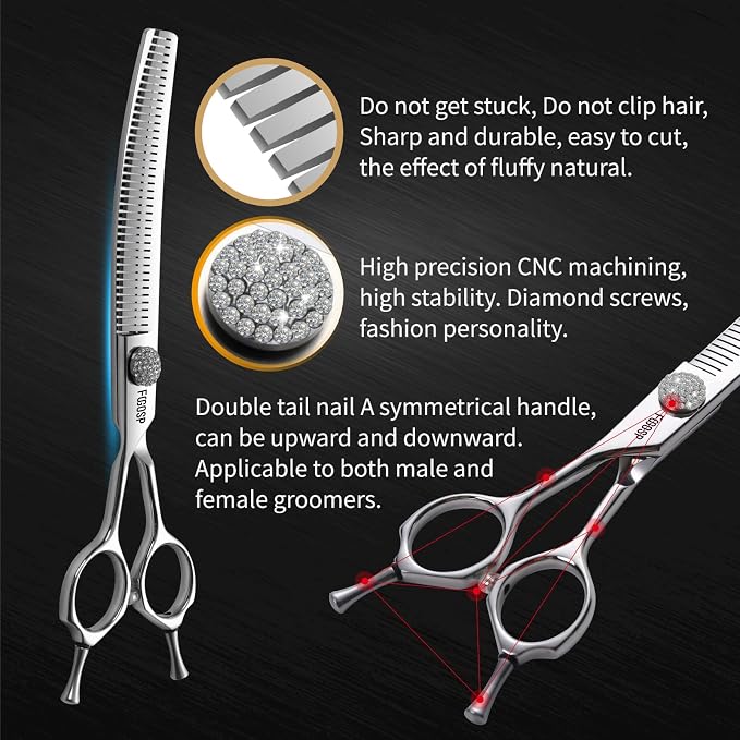 Professional Left Handed Curved Comb Thinner Dog Grooming Scissors 7.0'' Curved Thinning Shears for Dogs Pet 56 Teeth 50% Thinning Rate Japan VG10 Sharp and Durable