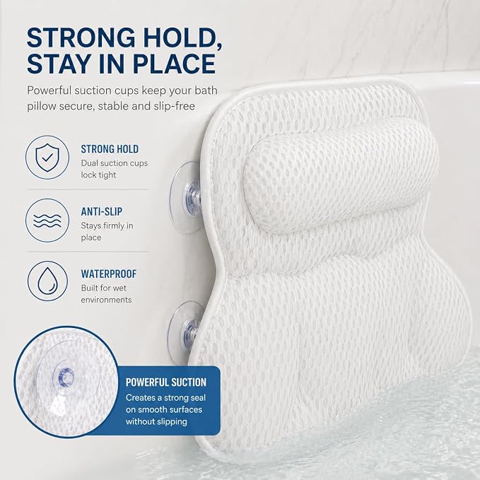 Bath Pillow Bathtub Pillow, 6D Bath Pillows for Tub Neck and Back Support | with 6 Non-Slip Suction Cups Bath Tub Pillow Headrest,Relaxing Bathtub Pillow Bathroom Shower Accessories Spa Gifts
