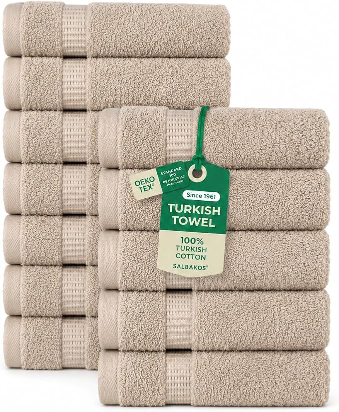 SALBAKOS 100% Turkish Cotton Washcloth Set of 12, 13x13 inch | Premium Quality | Hotel & Spa Collection | Ultra Soft, Super Absorbent, Wash Cloth Towels | Made in Turkey (Taupe, 12 Washcloths)