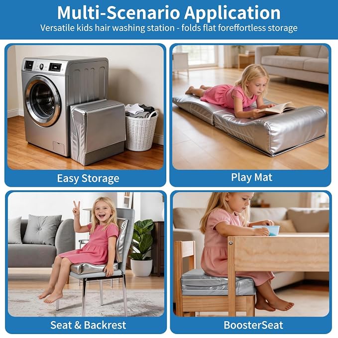 Hair Washing Station for Kids, Foldable Shampoo Mat for Kids with Waterproof Splash Guard, Ergonomic Sink Head Rest for Washing Hair, Anti-Slip Tear-Free Shampoo Buddy for Toddlers