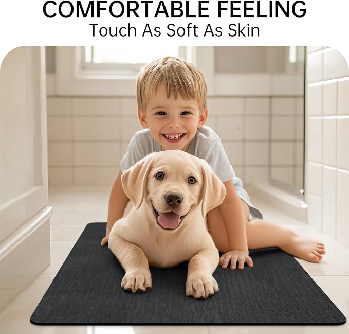Mecko Bath Mat, Ultra Absorbent Quick Dry Bathroom Floor Mats-Rubber Non-Slip Thin Bathroom Rug Fit Under Door, Faux Suede Surface Shower Rug for Bathtub, Sink, Shower Room(Black,17"x27.5")