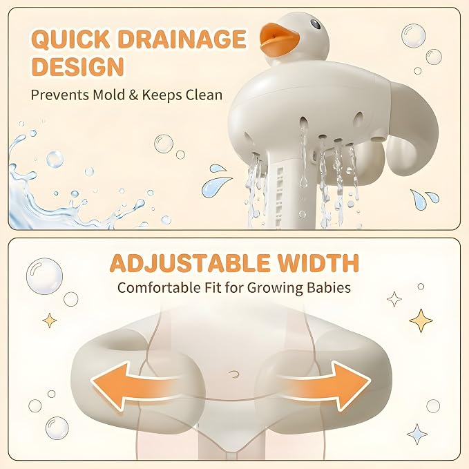Baby Bath Stand with Built-in Seat - Duck Design - Anti-Slip Base - Baby Shower Stand for Sitting or Standing (White Beige)