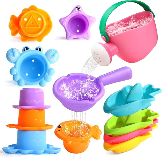 Fajiabao Toddler Bath Toys for Kids Ages 1-3 Multi-Play in Tub Water Pool | Learning Mold Free Bath Toys with Color Stacking Cups & Watering Can Interactive Shower Toys for 1 2 3 4 5 6 Birthday Gifts