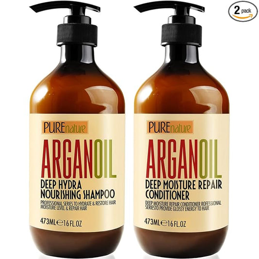 Argan Oil Shampoo and Conditioner Set - Sulfate Free Moroccan Care with Keratin - For Curly, Straight, Dry and Damaged Hair - Moisturizing, Hydrating, Anti Frizz Salon Technology