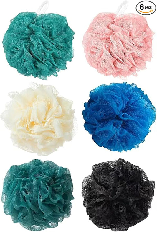 Luffa Loofah Sponge Shower Loofahs 50g Shower Bath Sponges Exfoliating Mesh Pouf Mesh Balls for Body Wash Back Scrubber Bathroom Men Women Soft Scrubber Cleaning Bathing Accessories Tool (6Colors)