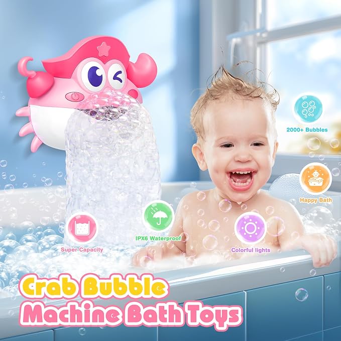 Bath Toys,Rechargeable Crab Baby Bath Toys Light Up Bath Bubble Machine with Colourful RGB Light Great Birthday Gift for Boys and Girls Toddler Toy for Kids Ages 1-3 4-8