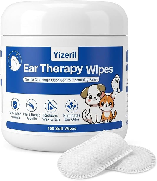 Dog Ear Wipes - 150 Count Finger Ear Cleaner for Cats, Alcohol Free Plant Based Ear Cleaning, Remove Wax Dirt Odor