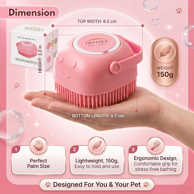 DIYORA Pet Shampoo Brush, 2-in-1 Silicone Bath Brush with Soap Dispenser for Dogs & Cats, Grooming, Massaging, Shedding & Deep Cleaning Tool for Short Hair, Long Hair & Small Pets(Pink)