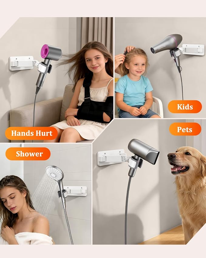 Sliding Hair Dryer Holder Stand Wall Mounted, Angle-Adjustable Blow Dryer Stand with Adhesive & Screw Mounting, Hair Dryer Stand Hands Free for Vanity, Bathroom, Salon (Sliding Type)