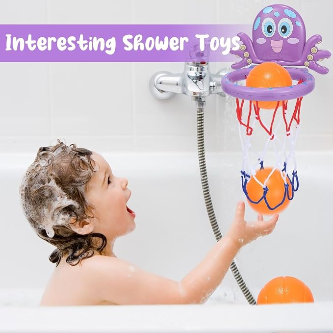 Bath Toys - Basketball Hoop Set Bathtub Toys for Toddlers Ages 1-3, Mini Basketball Hoop Toddler Bath Toys for Kids Ages 3-5,with Strong Suction Cup & 3 No Hole Balls, Sensory Toys (Purple)