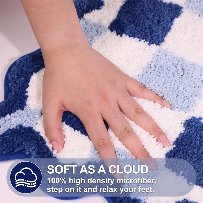 ORTIGIA Cute Blue Checkered Scalloped Bath Mat, Fun Plush Microfiber Bathroom Rugs Non Slip Washable Quick Dry Absorbent, Bath Rug Carpet for Shower Stall Vanities Kitchen Floor Entrance, 20x32
