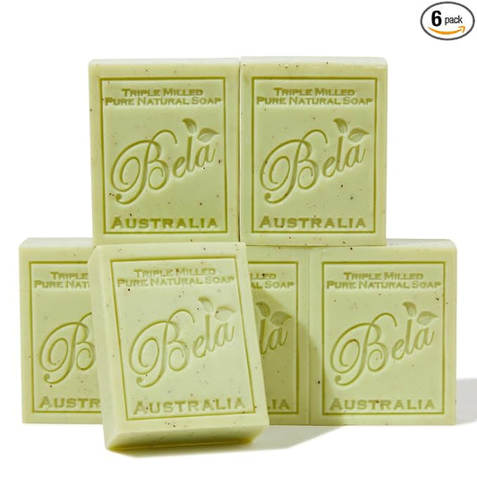 BELA Lemon Myrtle and Lemongrass Soap Bars 3.3 OZ French Triple Milled Bar Soap with Organic Shea Butter Suitable for All Skin Types Long Lasting, Made in Australia, 6 Pack