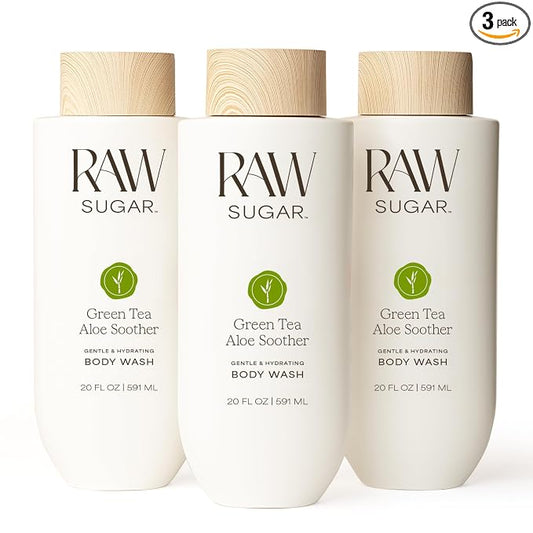 RAW SUGAR Green Tea Aloe Soother Gentle & Hydrating Body Wash, 20 Fl Oz (Pack of 3), Gentle & Soothing Bath & Shower Gel, Sensitive Skin-Friendly, Vegan, Formulated without SLS/SLES & Parabens