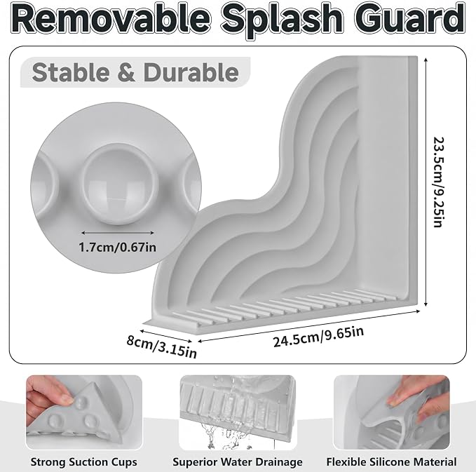 Dreamtop No-Adhesive Silicone Shower Splash Guard - 2 Packs Reusable Shower Corner Water Guard with Strong Suction Cups, Shower Water Blocker for Bathtub Bathroom to Keep Water in Shower (Gray)