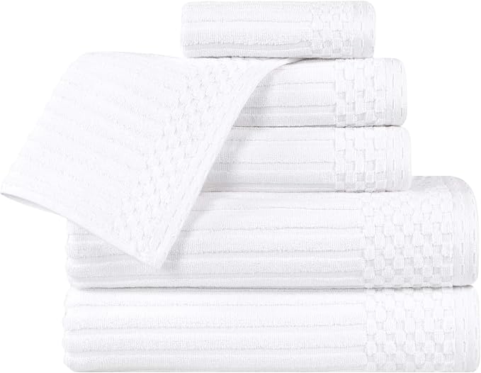 Superior 6 Piece Cotton Towel Set, Includes 2 Bath Towels, 2 Hand Towels, 2 Face Towel/Washcloths, Daily Use for Bathroom, Guest Bath, Ribbed, Absorbent, Home Essentials, Soho Collection, White