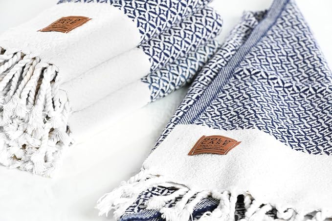 Gold CASE Turkish Hand Towels for Bathroom Set of 4 – 20 x 40'' – 100% Cotton Bathroom Towels – Aphrodite Kitchen Small Towel for Spa, Face, Tea & Dishcloth – Decorative Patterned Weave – Navy Blue