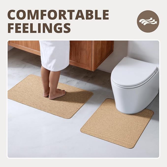 Bathroom Rugs Sets 2 Piece, Thin Bath Mat & U-Shaped Contour Toilet Rug Absorbent Quick Dry, Machine Washable, Non Slip Low Pile Bath Mats for Bathroom/Tub/Sink/Shower (27"x17" Plus 24"x20" U, Khaki)