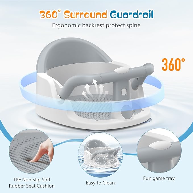 Baby Bath Seat for Babies 6 Months & Up Sitting Up, Non-Slip Baby Bath Chair with Suction Cup, Safe and Comfortable Portable Infant Bath Seat for Bathroom, Bathtub Tub, Easy to Clean (Grey)