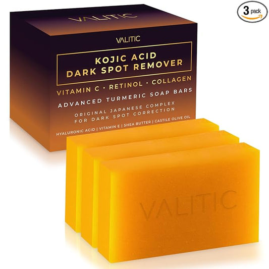 VALITIC Kojic Acid Dark Spot Remover Soap Bars with Vitamin C, Retinol, Collagen, Turmeric - Original Japanese Complex Infused with Hyaluronic Acid, Vitamin E, Shea Butter, Castile Olive Oil (3 Pack)