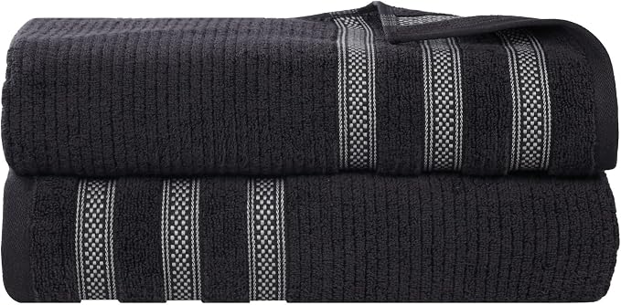 Superior Cotton Bath Sheet Set, Zero Twist, Ribbed Geometric, Oversized Large Absorbent Body Towels, Luxury Soft Dry, Shower, Spa, Hotel, Pool, Guest Bathroom, Home Essentials, Set of 2, Black