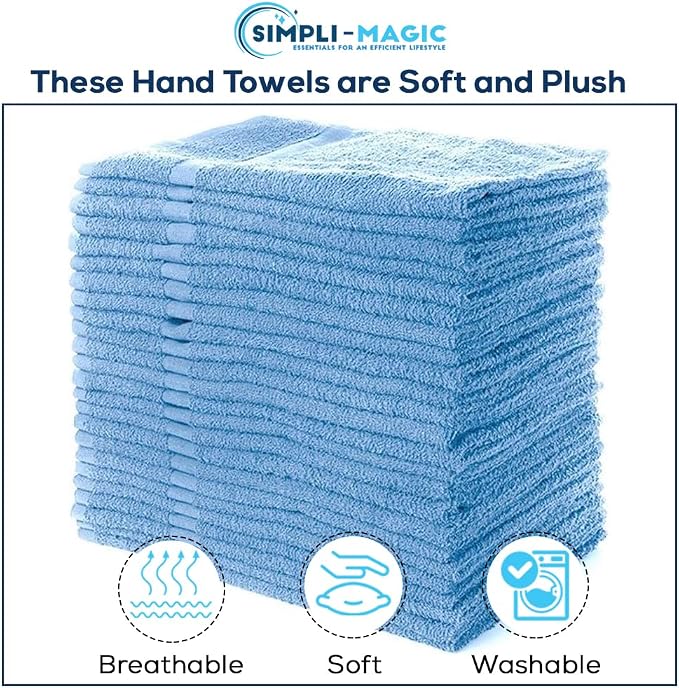 Simpli-Magic Cotton Hand Towels, 12 Pack, 16” x 27”, Blue