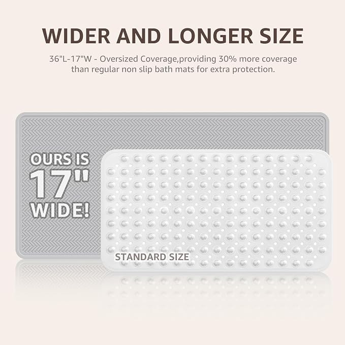 OTHWAY Bathtub Mat Non Slip, Extra Long Rubber Bath Mat for Tub, Machine Washable Shower Anti Slip Mat with 332 Strong Suction Cups (A Little Grey, 36" x 17")