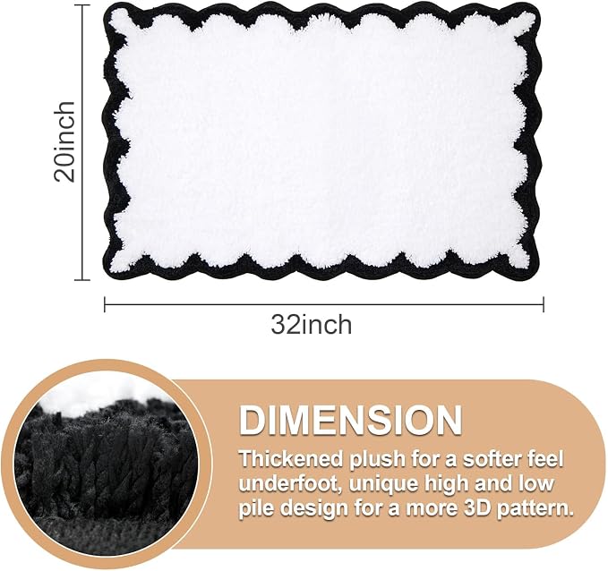 ORTIGIA Cute Scalloped Bathroom Rugs Non Slip Washable, Quick Dry Absorbent Plush Microfiber Bath Mats, Fun White and Black Bathmat for Bath Room Bathtub Shower, Floor Carpet for Sink Bedroom, 20x32