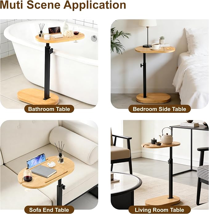 Bamboo Bathtub Side Table, 360° Swivel Height Adjustable Freestanding Bath Caddy Tray Organizer with 5 Storage, Luxury Home Spa Bathroom Essential (Natural)