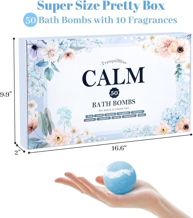 TranquilBliss Bath Bombs Set 50 PCS with 10 Rich Scents, Bath Bombs for Women, Natural Bubble Bombs with Shea Butter & Safe Oil, Ideal for Mother's Day, Valentine's Day, Christmas, Birthday Present