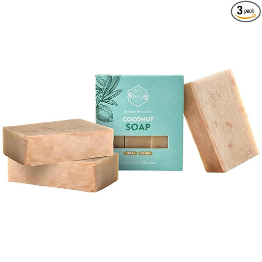 Crate 61 Organics, Handmade Vegan Natural Bar Soap Cold Pressed For Face And Body, With Premium Essential Oils, For Men And Women 3 Pack (Coconut)