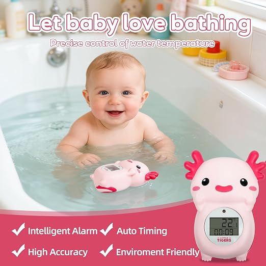 Baby Bath Thermometer, Digital Temperature Water Thermometer, Safety Bathtub Floating Toy for Baby, Infants, Toddlers - Pink Axolotl with Timer