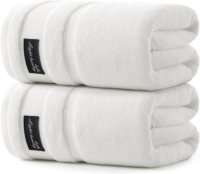 REDKISS Luxury White Bath Towels Set of 2, 100% Cotton 760GSM Heavyweight Bath Sheets, 31 x 63 Inch Oversized Large Bath Towels, Soft Plush Fluffy, Highly Absorbent Quick Dry Hotel Collection