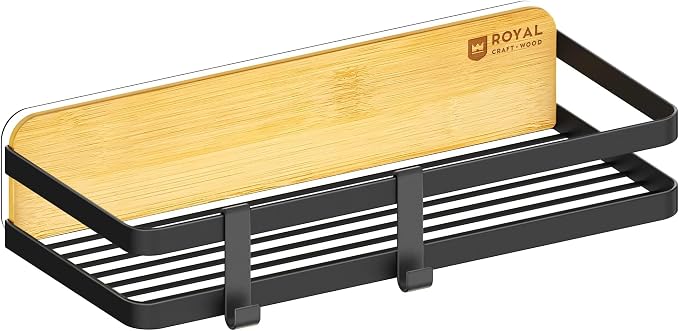ROYAL CRAFT WOOD Shower Caddy Self Adhesive Organizer - Bamboo & Iron Shower Shelves with Hooks Stylish Storage Solution for Organizing Bath Accessories