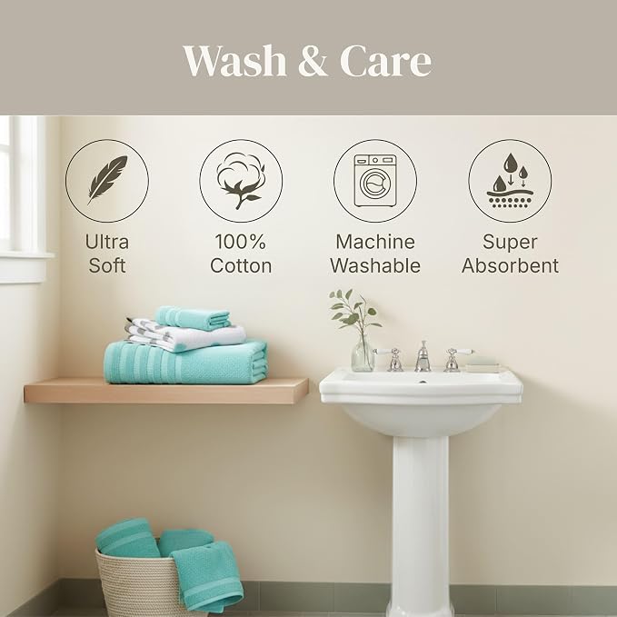 Amrapur Overseas Modern Threads 6 Piece Bath Towel Set – Bathroom Set with 2 Bath Towels, 2 Hand Towels, and 2 Wash Cloths – 100% Cotton, Super Absorbent & Extra Soft – Reversible Natural Vine (Aqua)