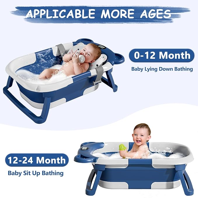 MoreFeel Collapsible Baby Bathtub for Newborn with Thermometer & 1 Soft Floating Cushion & 1 Bath Net,Portable Travel Bathtub with Drain Hole, Durable Foldable Baby Tubs for Infants to Toddler