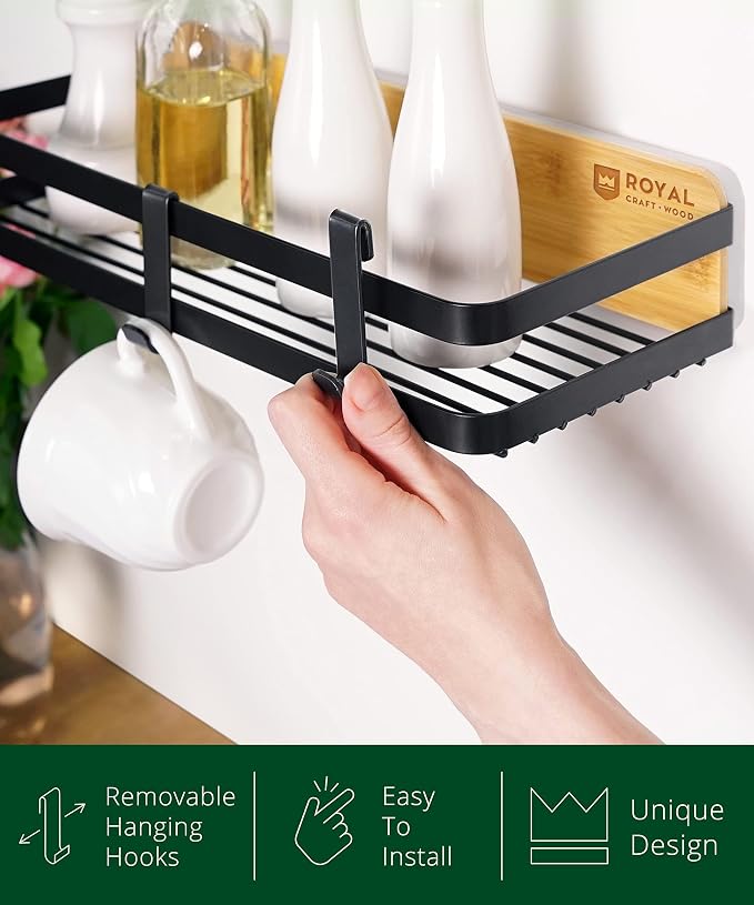 ROYAL CRAFT WOOD Shower Caddy Self Adhesive Organizer - Bamboo & Iron Shower Shelves with Hooks Stylish Storage Solution for Organizing Bath Accessories