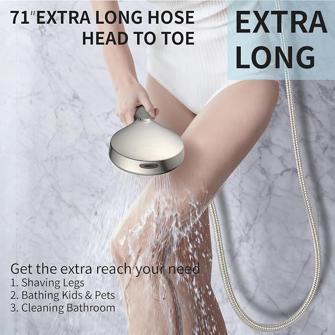 Brushed Nickel Handheld Shower Head, High Pressure 9-Spray Modes Handheld Showerhead, 71 Inch Kink-free Hose, Power Wash for Low Pressure Homes, Pet Tub Tile Cleaning