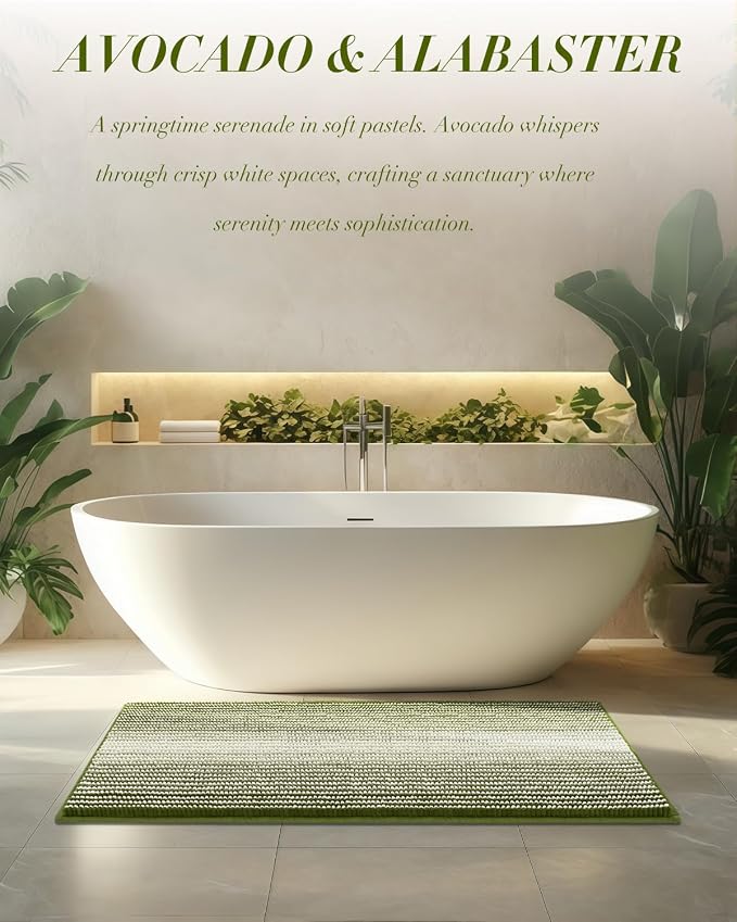 BSICPRO Chenille Bathroom Rugs, 20 x 32 Inches Non Slip Absorbent Bath Mat, Soft Shaggy Shower Bath Floor Mats for Bathroom, Machine Washable(Sage)