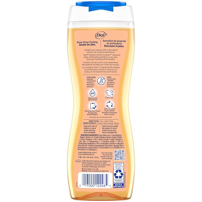 Dial Body Wash, Pamper & Indulge Marula Oil, 16 Fl Oz, Hydraclean Complex & Vitamin E, Gentle, Leaves Skin Feeling Nourished, Dermatologist-Tested, No Parabens & Sulfates (Pack of 8)