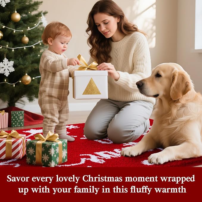 ACCUMTEK Upgraded Waffle Bath Mat，Super Absorbent Non-Slip Quick Dry Bathroom Rugs with Tassels,30"x20",Red-Snow,Red-Xmas Snowflakes