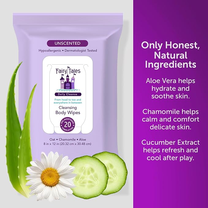 Fairy Tales Daily Cleanse XL Wipes for Kids – Extra Large Body Wipes, Gentle Disposable Washcloths, Unscented, Alcohol Free Cleansing Cloths – 3 pk (60ct total)