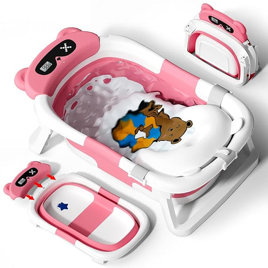 AVIDOR Baby Bathtub,Collapsible Bathtub for Newborn to Toddler,Durable Essential Infant Bath Tub,Portable Travel Baby Tub with Soft Cushion,No-Slip Hanging and Detachable(Rose Pink)